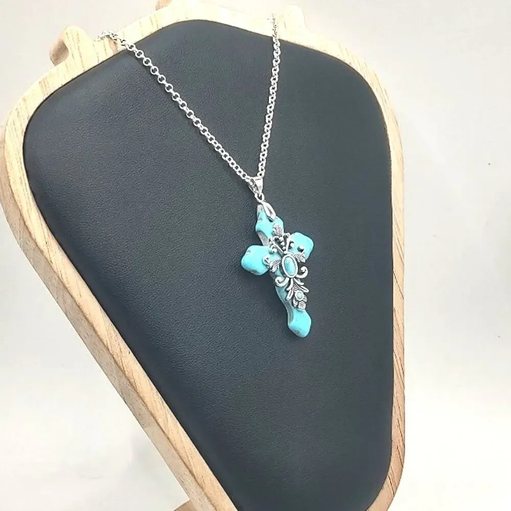 925 Silver Necklace W/ Turquoise Stone BOHO Cross Pendant Vintage Birthday NEW!
